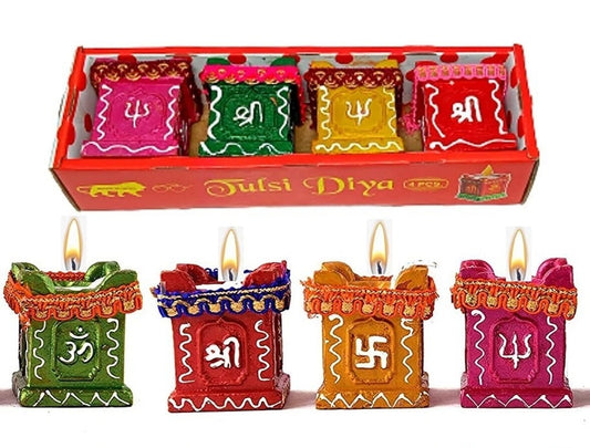 Set of 4 Clay and Terracotta Colourful Hand Painted Puja Tulsi Diya Candle(Multicolour)